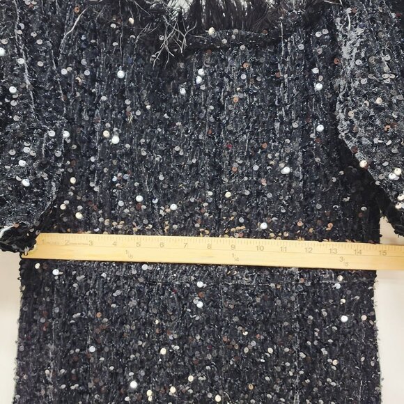 Vintage Black Sequined Dress With Puff Sleeves & Feather Trim Size XL - Picture 8 of 10